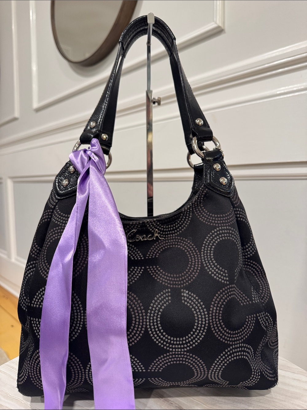 Coach Bag Ashley Dotted Op Art Black Signature Logo Hobo Shoulder Bag - Picture 4 of 17